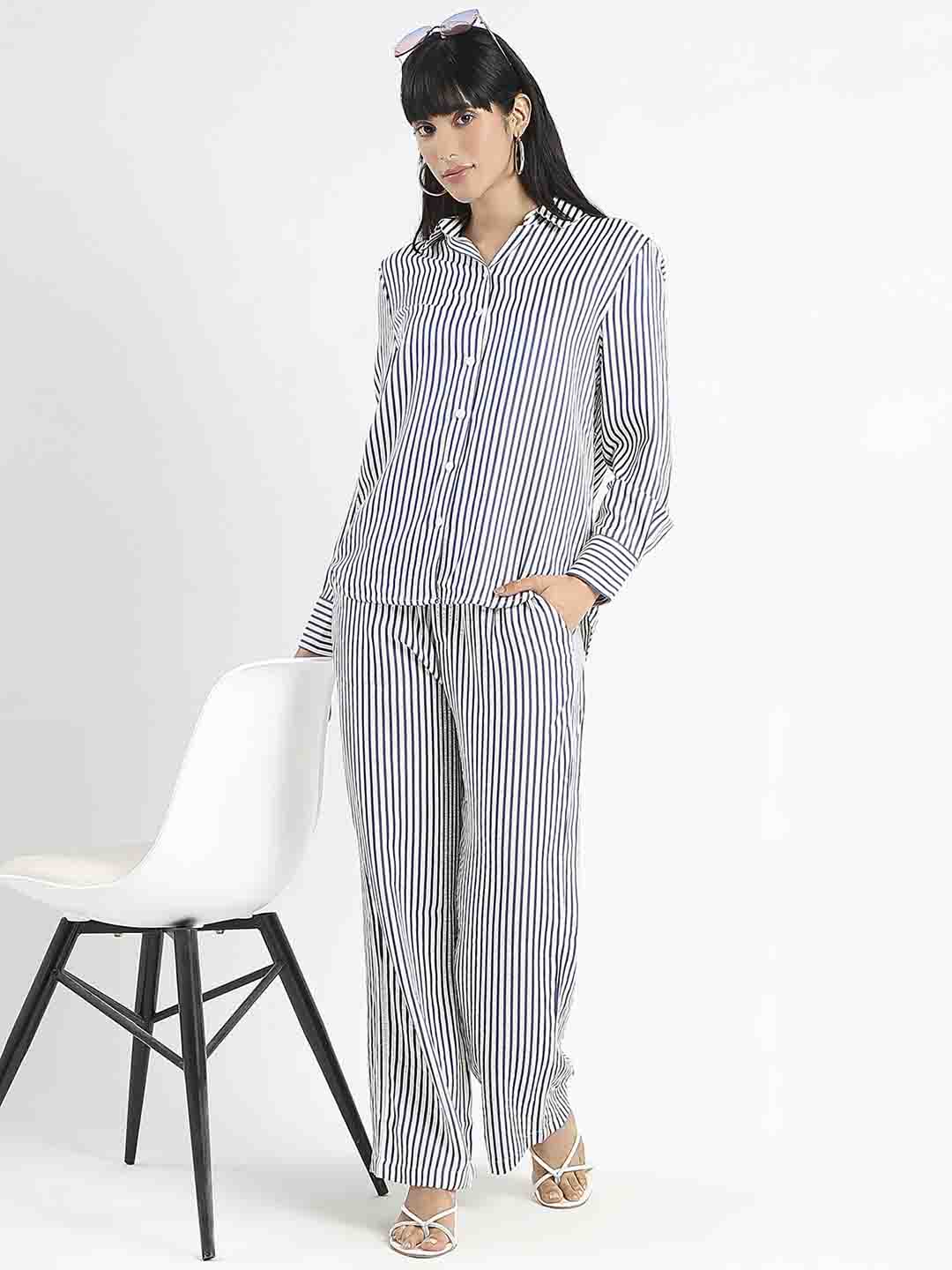 Madame Striped Navy Blue Cotton Blend Shirt