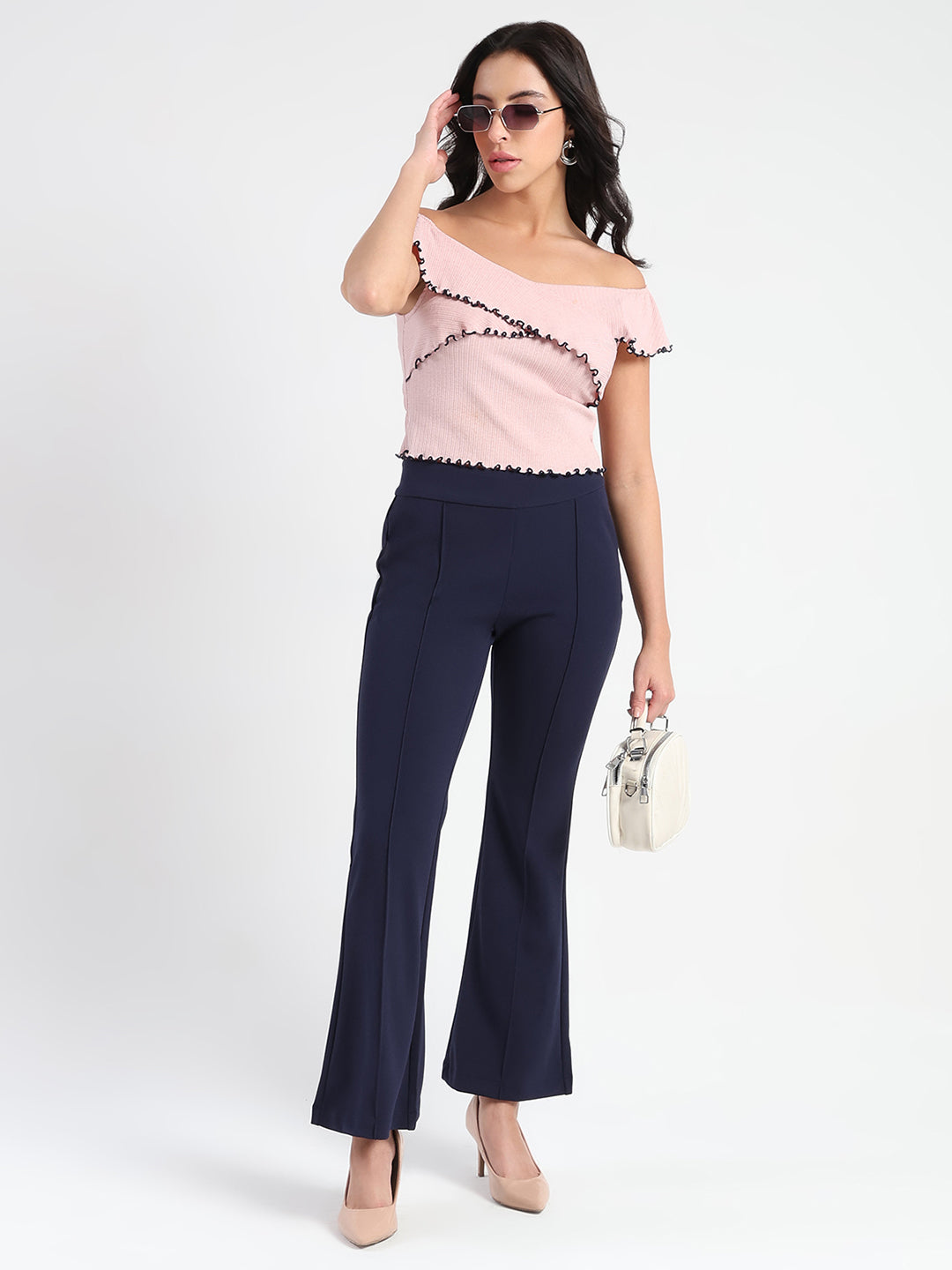 Madame Side Zipper Flared Navy Blue Knitted Moss Trousers