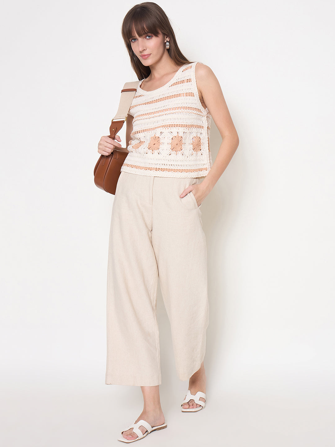 Madame Crochet Sleeveless Solid Beige Cotton Top