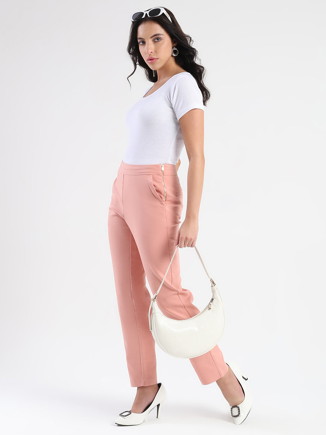 Madame High-Waist Cotton Blend Pink Trousers