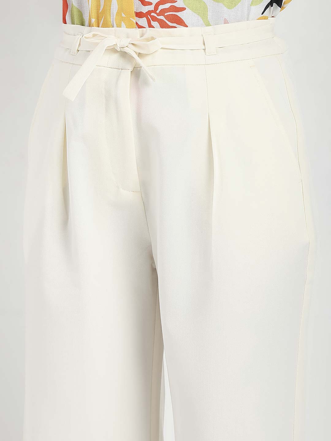 Madame Drawstring Waist Straight Fit Ivory Trousers