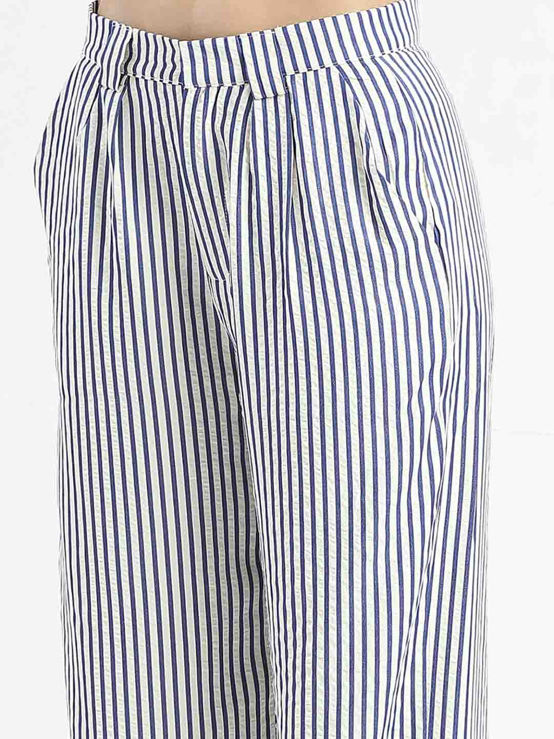Madame Striped Wide Leg Viscose Blend Navy Blue Trousers