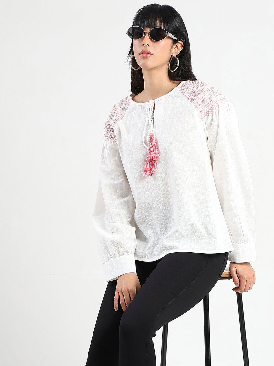 Madame Tie Neck Cotton Blend White Top