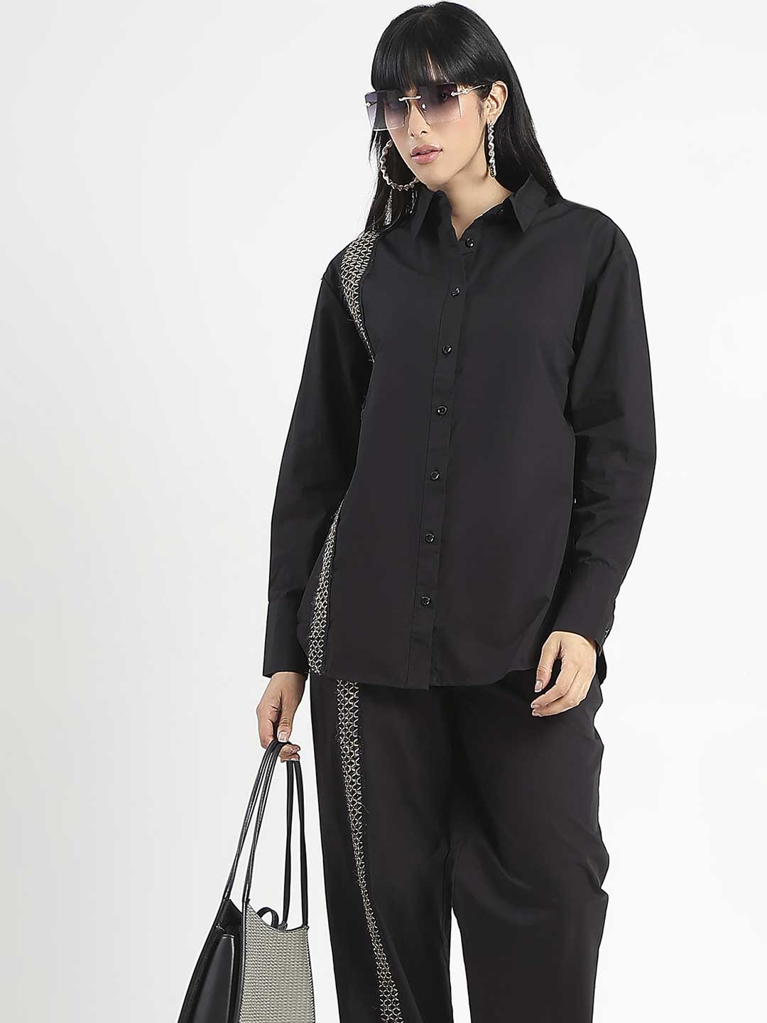 Madame Textured Shirt and Bottoms Black Co-ord Set