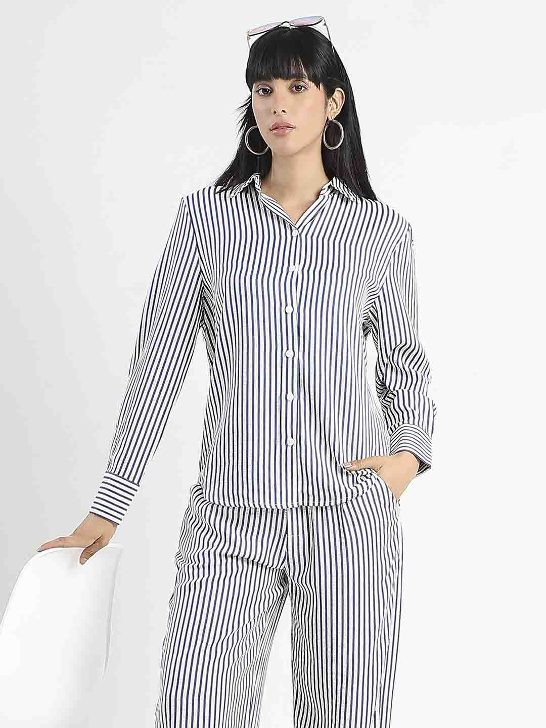Madame Striped Navy Blue Cotton Blend Shirt