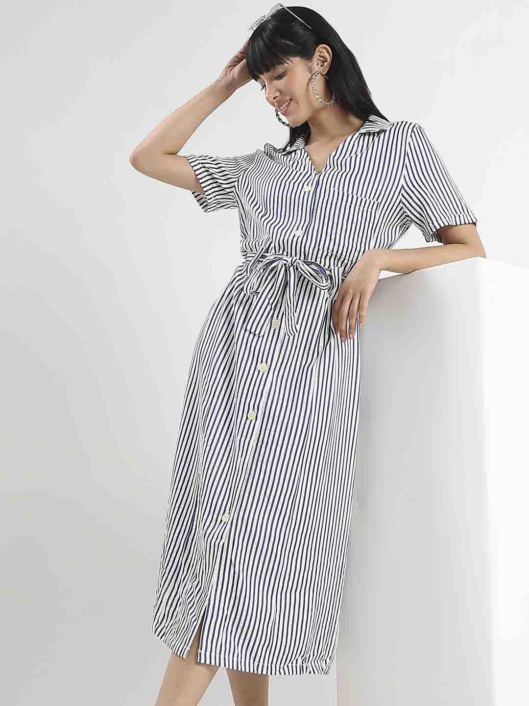 Madame Striped Navy Blue Midi Shirt Dress