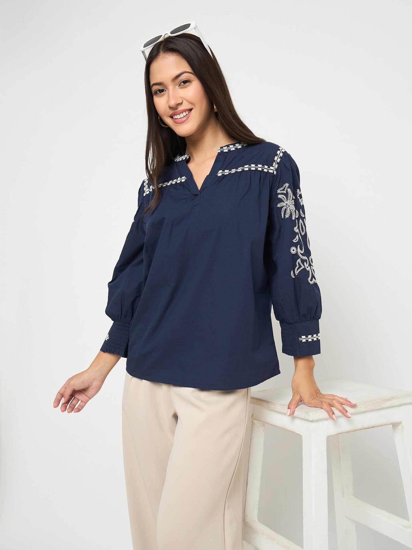Madame Embroidered Split Crew Neck Navy Blue Cotton Top