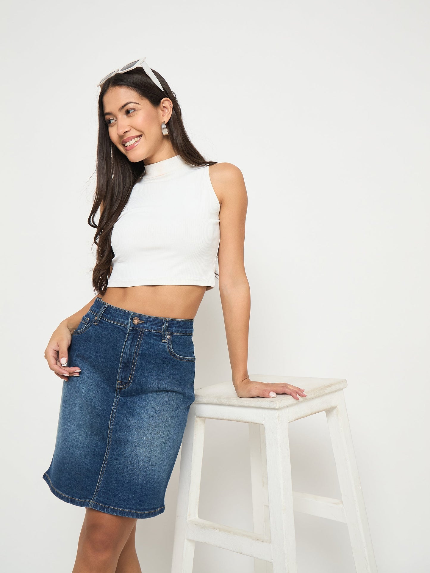 Madame Stone Wash Mid Blue Cotton Blend Mini Denim Skirt