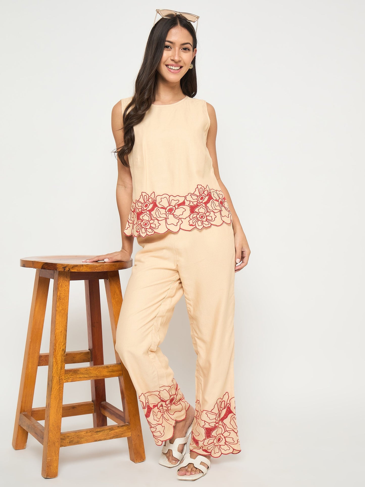 Madame Floral Embroidered Hem Top and Bottom Beige Co-ord Set