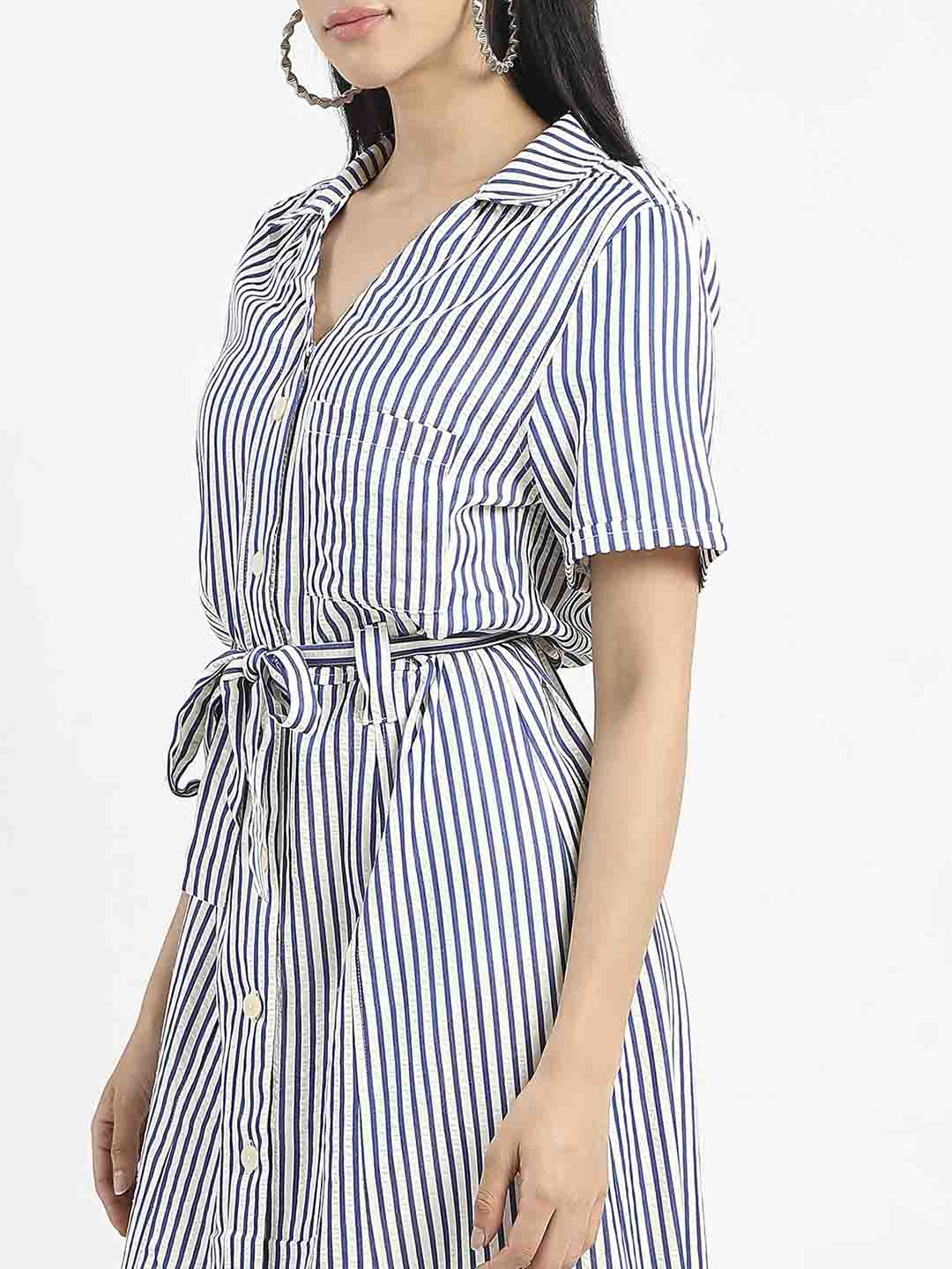 Madame Striped Navy Blue Midi Shirt Dress