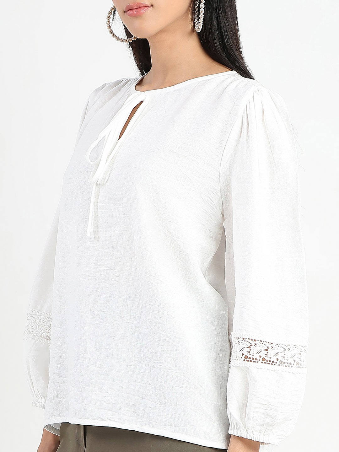 Madame Tie Neck Off White Rayon Blend Top