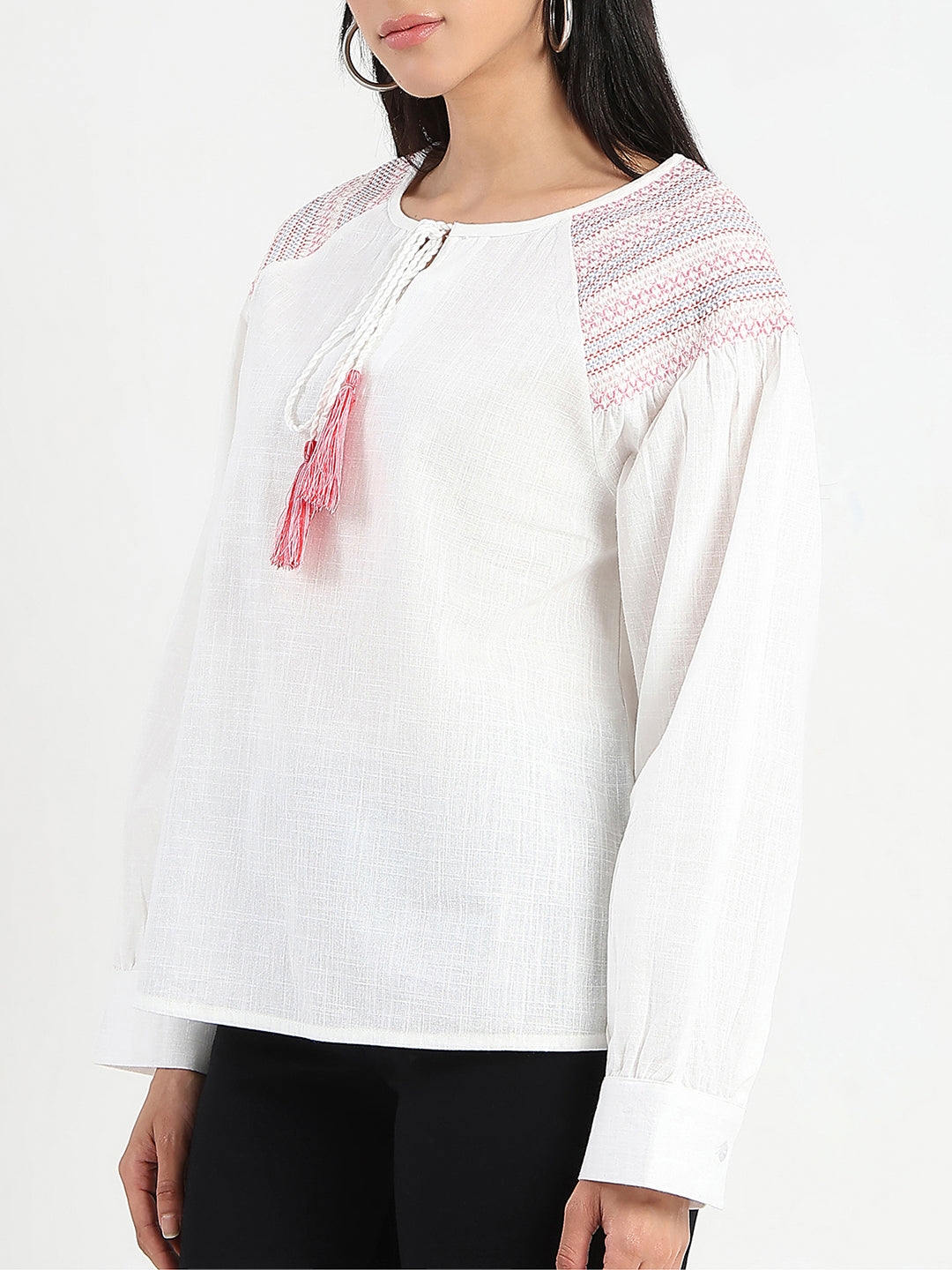 Madame Tie Neck Cotton Blend White Top