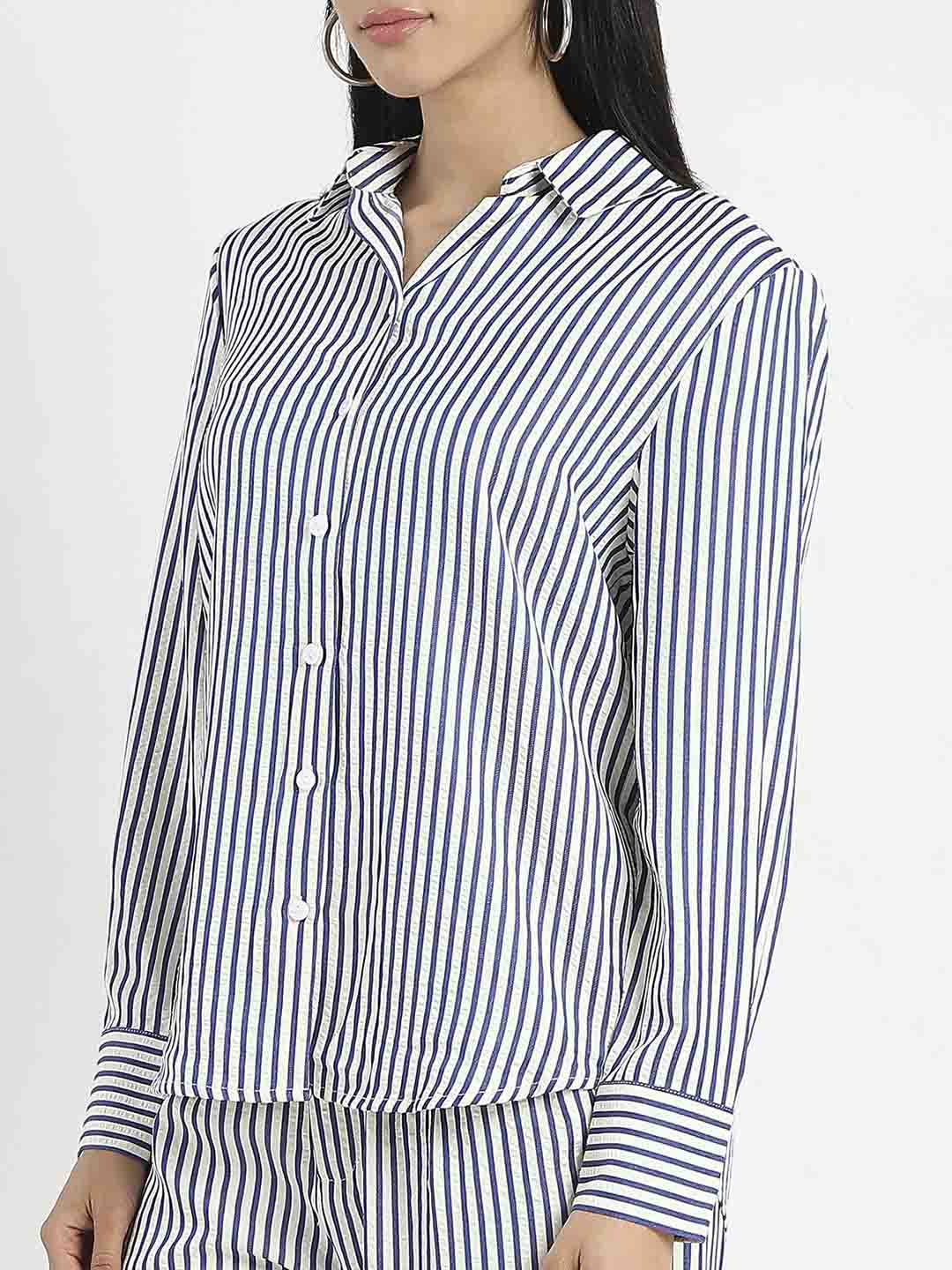 Madame Striped Navy Blue Cotton Blend Shirt